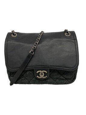 Chanel Shoulder Bag Quilted Leather Black Silver